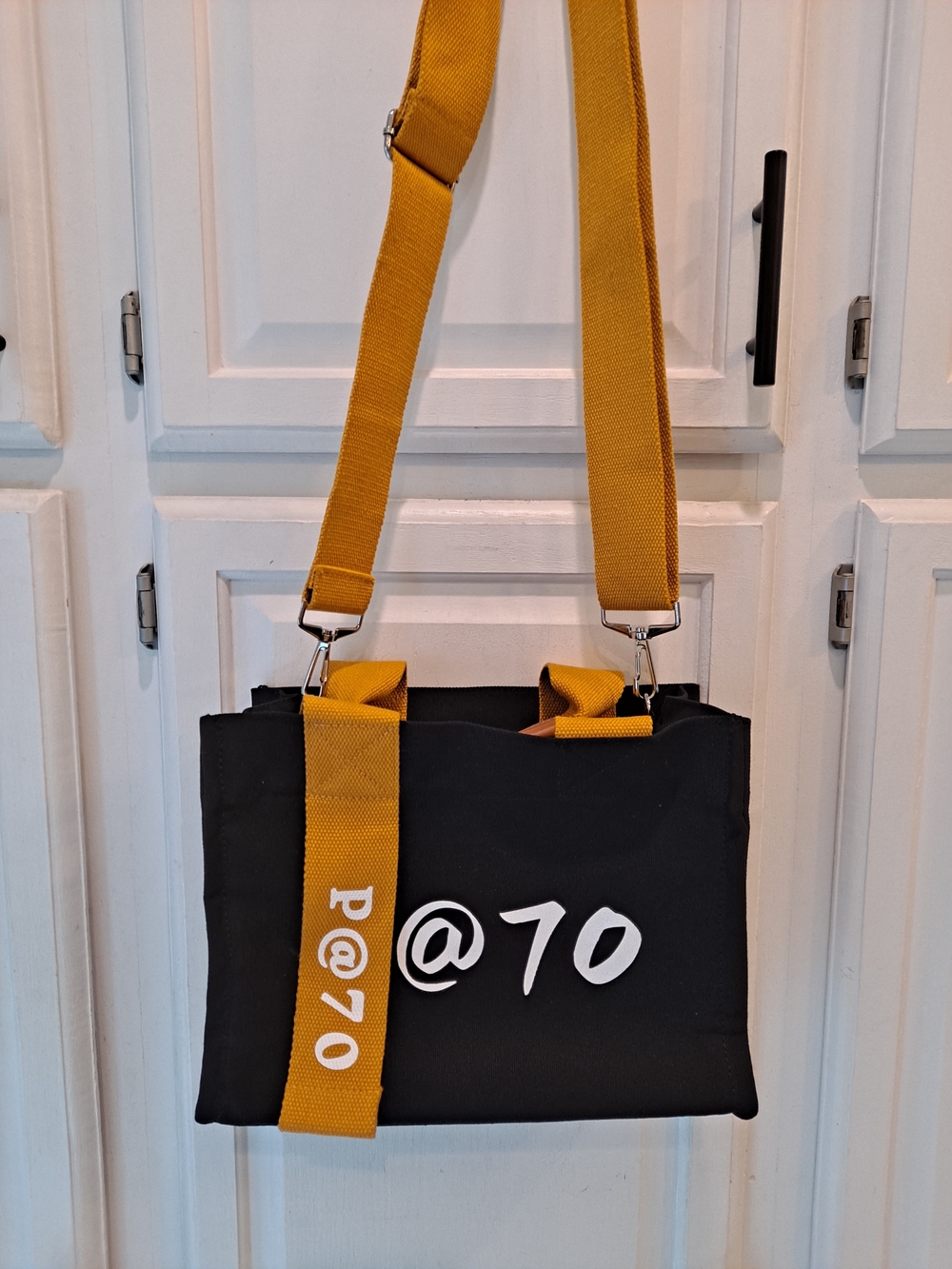 Custom Black Heavy Duty Canvas Tote w/Mustard Strap & Text Structured Streetwear